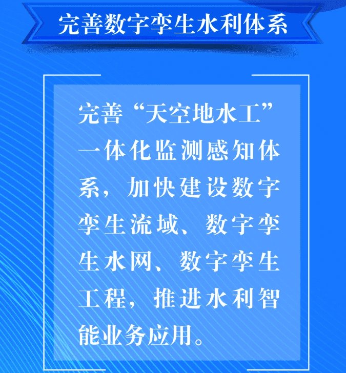 四、要完善數(shù)字孿生水利體系。完善“天空地水工”一體化監(jiān)測(cè)感知體系，加快建設(shè)數(shù)字孿生流域、數(shù)字孿生水網(wǎng)、數(shù)字孿生工程，推進(jìn)水利智能業(yè)務(wù)應(yīng)用。.png
